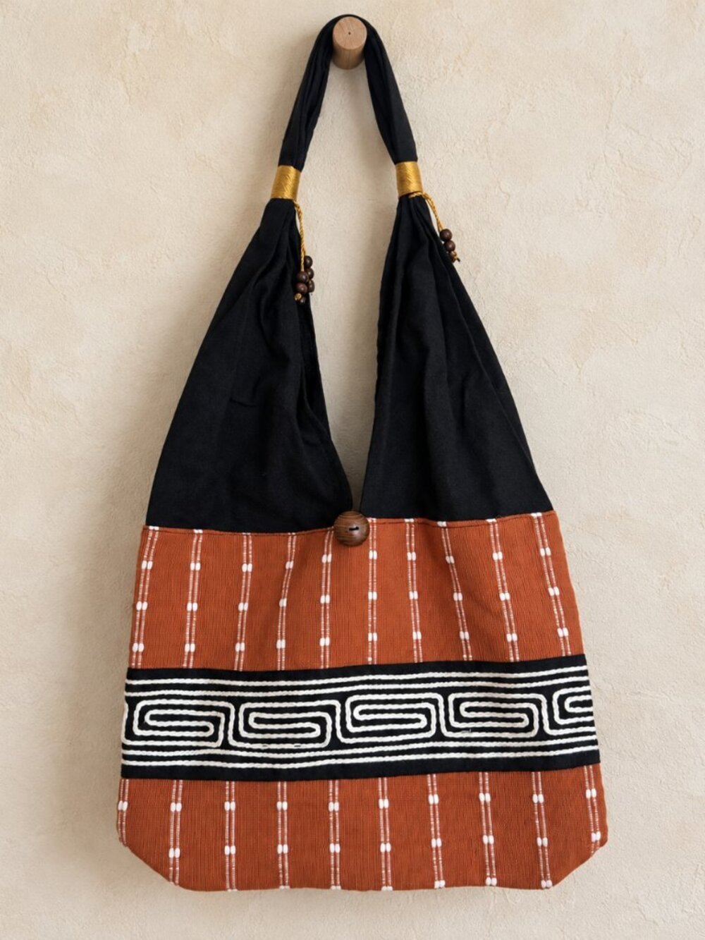 Boho Woven Textile Shoulder Bag Rust Black Geometric Beaded Artisan Purse